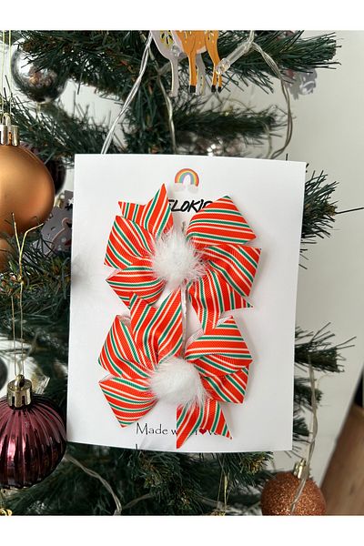 Melo Striped Candy Patterned White Feather Detailed Ribbon Christmas New Year Buckle