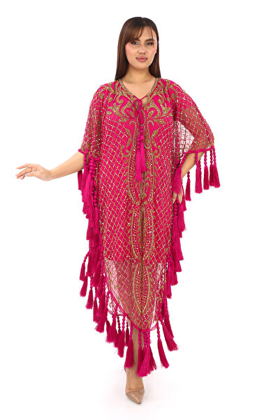 GATSBYLADY LONDON CAPE - EL İŞLEMELİ , TAŞEL DETAYLI PÜSKÜLLÜ ELBİSE