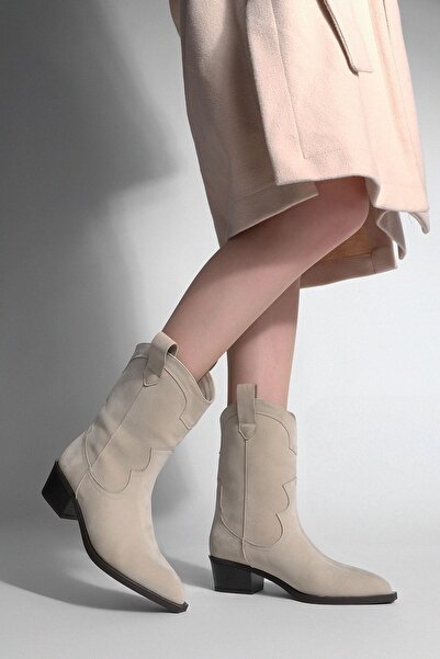 Marjin Γυναικείες μπότες Western με μυτερή μύτη και λεπτομέρεια ραφής Voleta Beige Suede