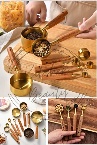 Kitchen Beauty 8 Adet Gold Paslanmaz Çelik Ahşap Saplı Ölçü Kaşığı Seti Ölçü Kabı Seti