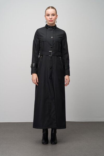 Olcay Černý dlouhý trenčkot – převládající límec, detail kůže a pláštěnky, podšitý 4298