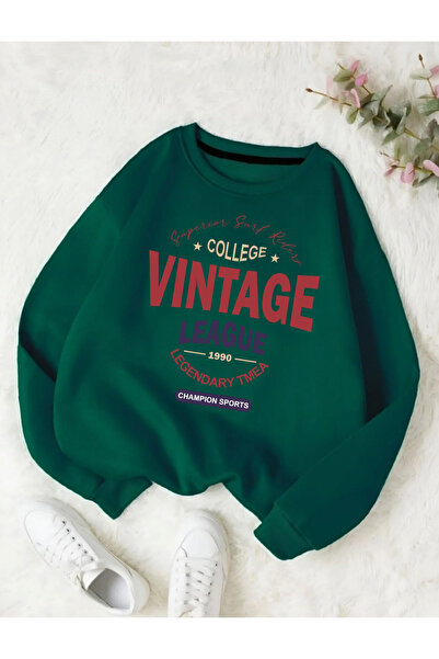 Mythologie Vintage League Sweatshirt - Nefti Green Printed Oversized Crew Neck