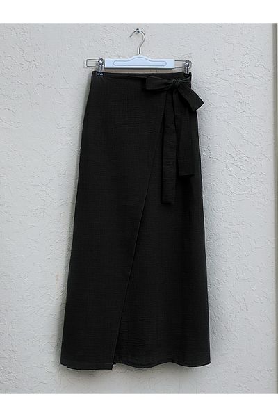 Modamorfo Side Tie Front Double Layer Linen Skirt -Black