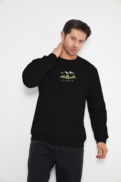 Northlight Unisex Siyah Mountains Nakışlı Bisiklet Yaka İçi Yumuşak Polarlı Oversize Sweatshirt