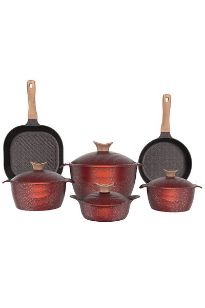Alsaif Gallery Cherry Titanium Granite Pot Set With Wooden Handle, 14 Pcs