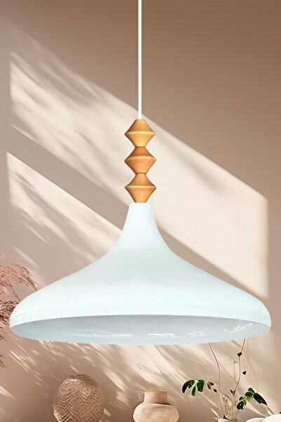 Bamyum Beyaz Iç Beyaz Q Ahşap Tekli Avize Sarkıt Salon Mutfak Cafe Butik Lamb...