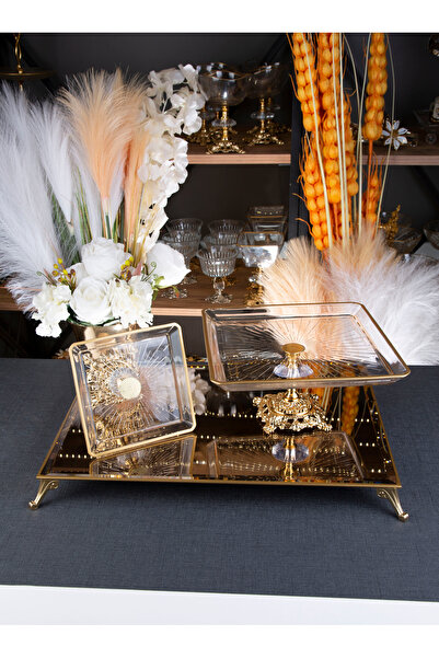 ARGKRİSTAL مادة معدنية مفصلة باللون الذهبي، مقاس 2، طبق عرض مربع الشكل، قطعتين