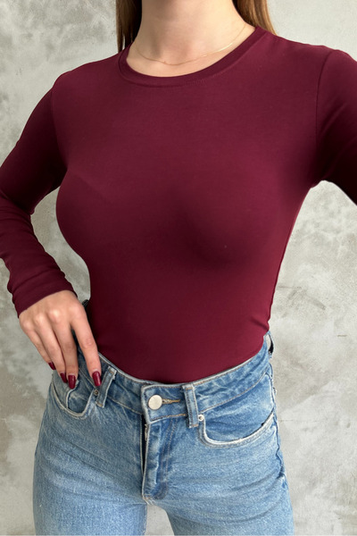 macharel jeans Siyah-Beyaz-Bordo 3'lü Bisiklet Yaka Basic Uzun Kollu Body