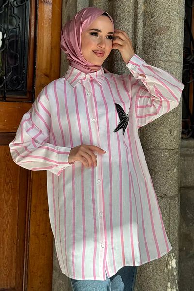 julude White Pink Stone Embroidered Striped Loose Hijab Tunic