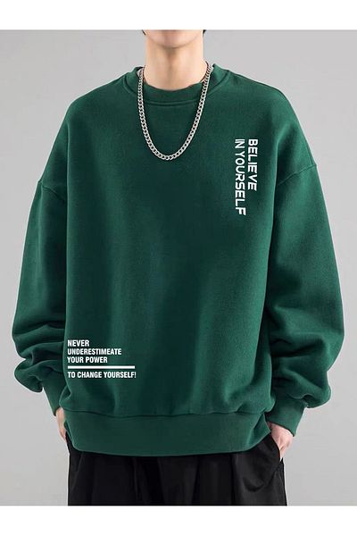 MODARİCH Ανδρικό φούτερ Believe Oversize - Nefti Green Printed, Raised Crew Neck