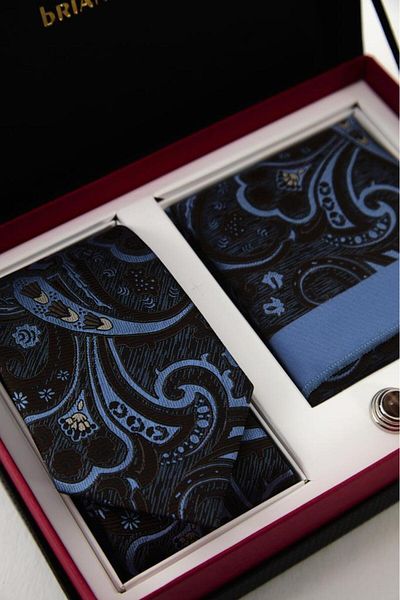 Brianze Brown Blue Shawl Pattern Tie Handkerchief Cufflink Gift Set