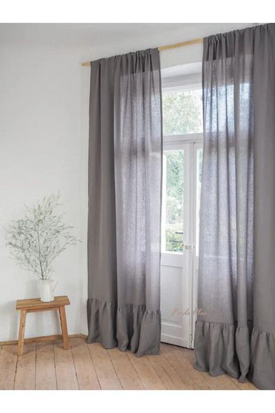 Perdeplus Linen Tulle Curtain Anthracite Gray Skirt with Ruffles