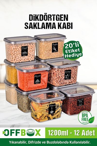 OFFBOX 12 Pieces 24 Pieces 1.2 Liter Rectangular Food Range Storage Container Set with 20 Labels Gift