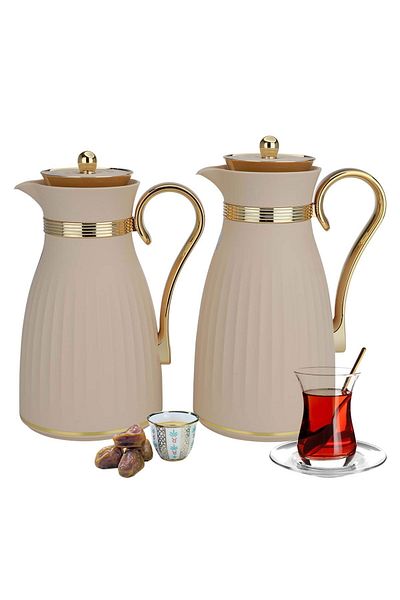Alsaif Gallery Dana Beige Thermos Set With Golden Handle, Two Pieces