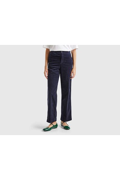 United Colors of Benetton Women's Navy Blue Cotton Blended Wide Leg Velvet Trousers with Elastic Back Pockets