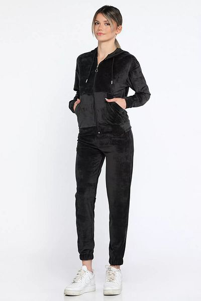 GÜLSELİ Black Women's Velvet Hooded Zippered Sweat Pants Double Set