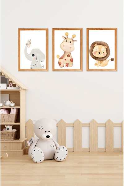 kutuTR Notpa 3' Lü Tablo Set Çocuk Odası Fil,zürafa,aslan