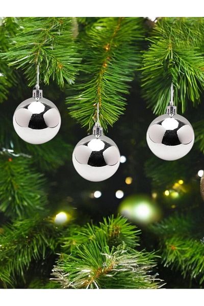 Parti Adresi Christmas Ornament Silver Color Pine Tree Ball - 4 Cm, Box of 6