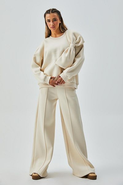 minaaise Women's Ecru Raised Bow Design Sweatshirt and Sweatpants Bottom/Top Set 28362
