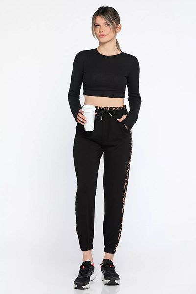 GÜLSELİ Pantaloni negri cu garnitură leopard pentru femei, cu picioare elastice