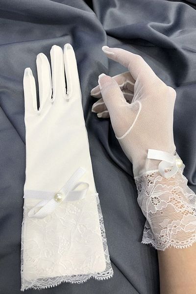 Hobigram White Tip Polka Dot Big Bow Bridal Gloves Costume Accessory – Party Gloves, Stylish Design –