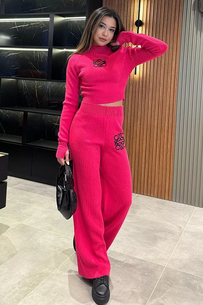 GÜLSELİ Fuchsia Women's Front Embroidered Crop Sweater Trousers Knitwear Double Set