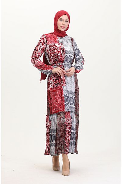sefamerve Amelia Viskose-Kleid – Farbal, Schärpe, Größe S-M-L-XL, Grau-Rot 4588AE-02