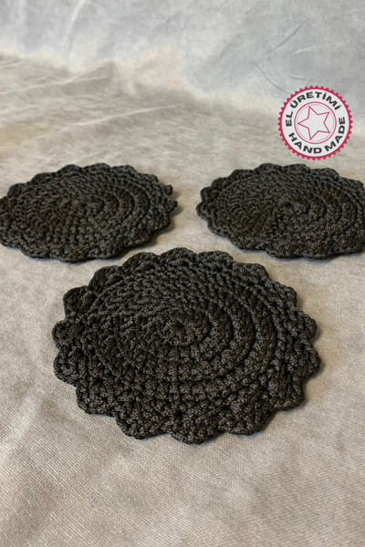 Uretti - Hacer 8870 El Yapımı 3'lü Makrome Ip Örgü Bardak Altlığı - Siyah - 13 Cm