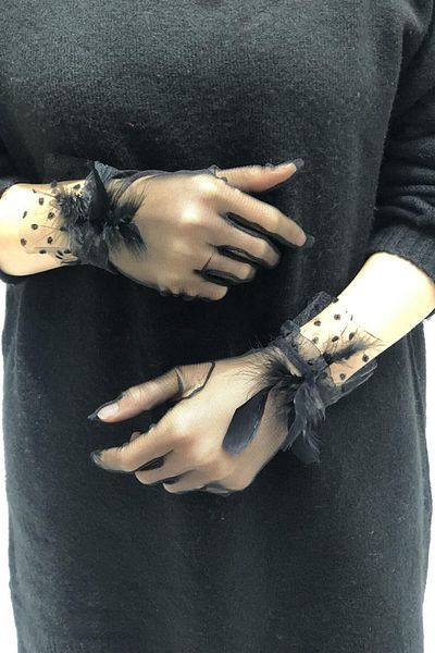 Hobigram Black Plain Polka Dot Tip Bridal Gloves with Big Bow – Party Gloves, Stylish Design – Party Eldive