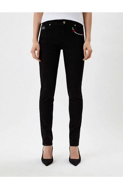 Versace Women's Logo and Rose Printed Skinny Black Pants 74Hab5K6 Cdw00-909