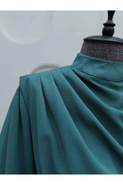 Modamorfo Mint Colored Crepe Dress with Stand Collar and Shoulder Detail