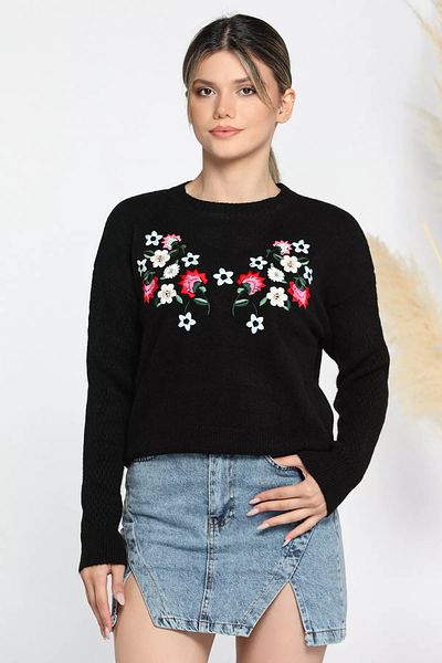 GÜLSELİ Pulover de damă negru cu gât cu flori brodate
