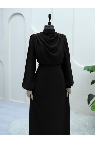 Modamorfo فستان كريب بياقة واقفة بطيات على الكتف - أسود