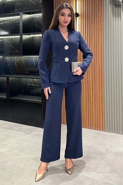 GÜLSELİ Navy Blue Button Detailed Jacket Pants Double Set