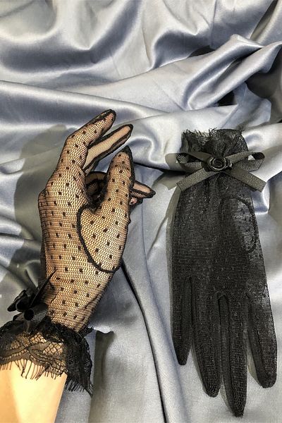 Hobigram White Polka Dot Fabric Detail Bridal Gloves with Rose on the Tip Party Accessory – Party Gloves, Stylish Design –