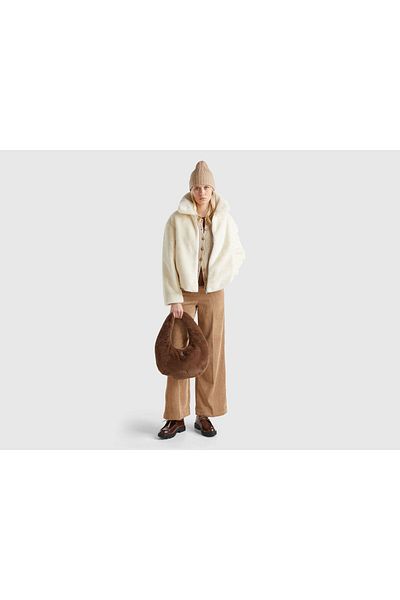 United Colors of Benetton Women's Cream Collar Detailed Front Zipper Closure Side Pockets Teddy Coat