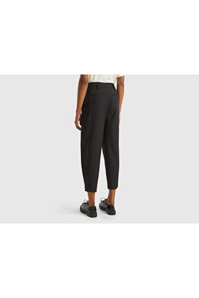 United Colors of Benetton Women's Black Wool and Viscous Blended Trousers with Button Detail