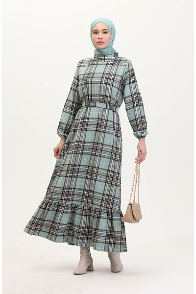sefamerve Holzfäller-Stoffkleid mit Gürtel 0537-02 Grün