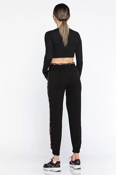GÜLSELİ Pantaloni negri cu garnitură leopard pentru femei, cu picioare elastice