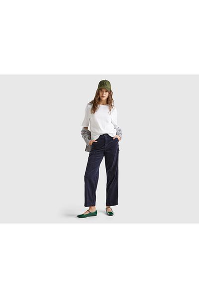 United Colors of Benetton Women's Navy Blue Cotton Blended Wide Leg Velvet Trousers with Elastic Back Pockets