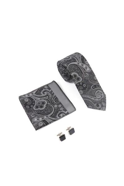 Brianze Черно-сив шал с мотив, вратовръзка, кърпичка и копче за ръкав, комплект за подарък