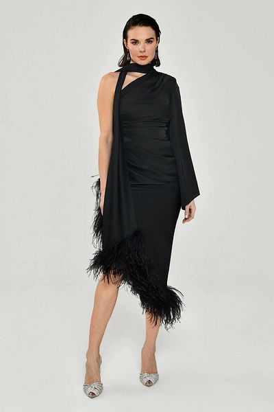 ALFABETA Single Long Sleeve Satin Midi Evening Dress