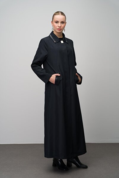 Olcay Large Size Shirt Collar Trench Top with Leather and Metal Accessories - Dark Blue 4299