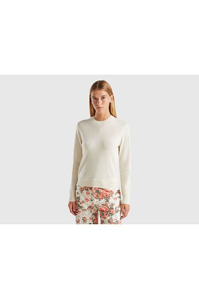 United Colors of Benetton Women's Cream 100% Cashmere Round Neck Plain Sweater