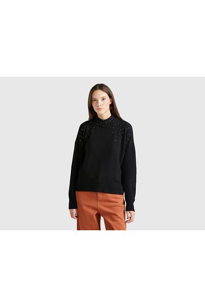 United Colors of Benetton Pulover de damă negru din bumbac și lână amestecat cu guler înalt cu detaliu de piatră