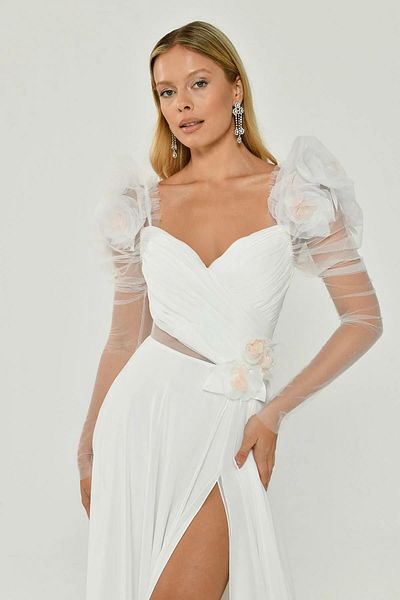 ALFABETA Long Chiffon Evening Dress - Fluffy, Short Sleeve and Slit Dress