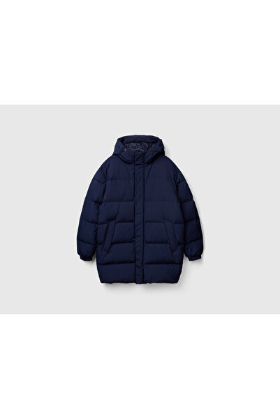 United Colors of Benetton Чоловічий синій довгий пальто з капюшоном, наповнений гусячим пухом, з кишенями з боків і прихованою блискавкою