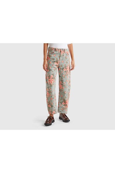 United Colors of Benetton Women's Green 100% Cotton All Floral Print 5 Pocket Balloon Pants