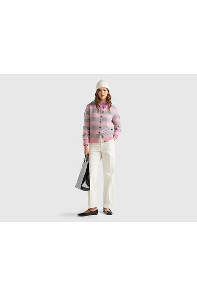 United Colors of Benetton Women's Cream Cotton Blended Wide Leg Velvet Trousers with Elastic Back Pockets