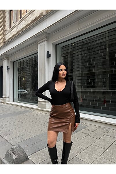 LB Laluna Butik kadın Yüksek Bel Yırtmaçlı Deri Etek